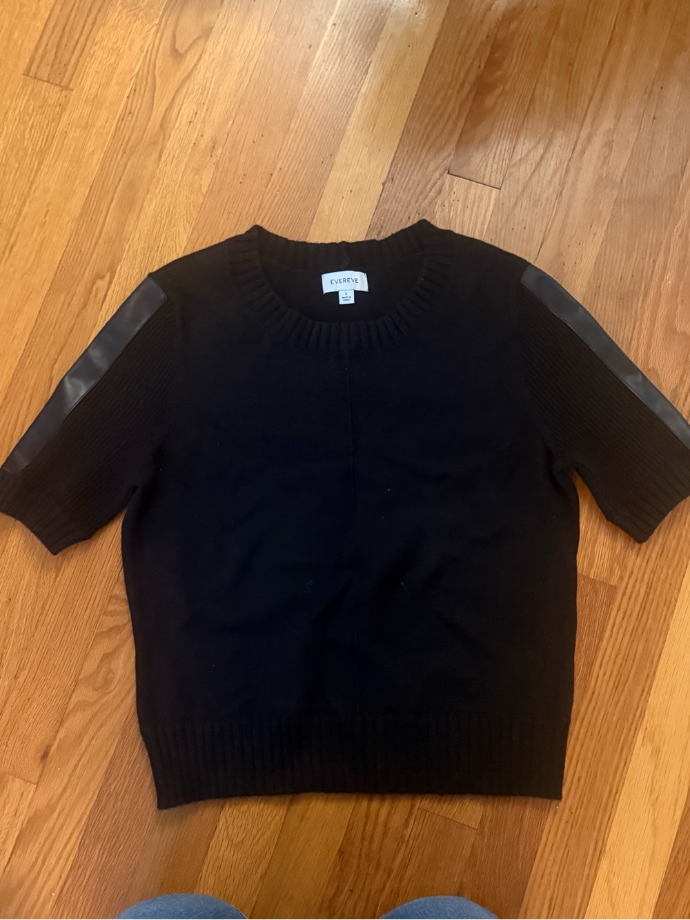 EVEREVE Black Short Sleeve Sweater Faux Leather Sleeve Stripes Size L